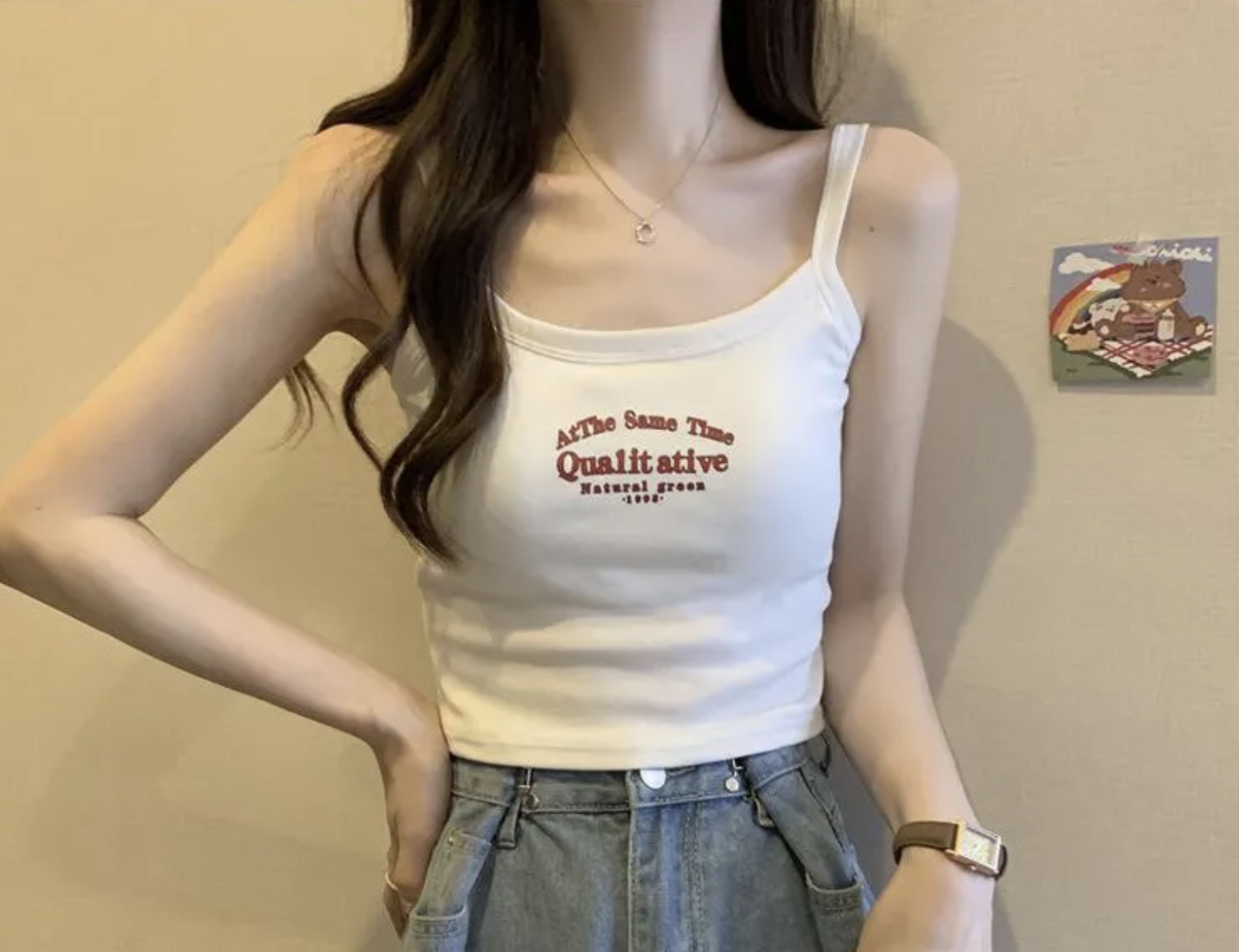 纯棉字母印花小胸吊带背心女带胸垫内搭外穿运动辣妹短款打底上衣