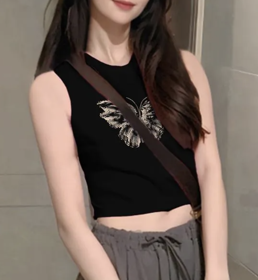 OUKABUYI纯棉黑色蝴蝶印花无袖t恤女辣妹坎肩短款小背心女上衣